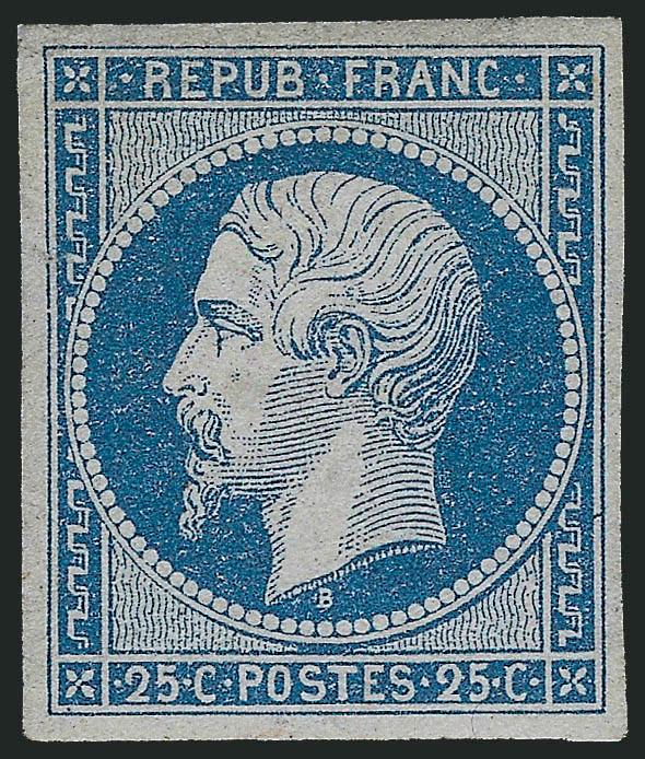 FRANCE, 1852, 25c Blue on Bluish (11 Yvert 10).> Unused (regummed), large and even margins, beautiful color, Extremely Fine, Yvert e1,300