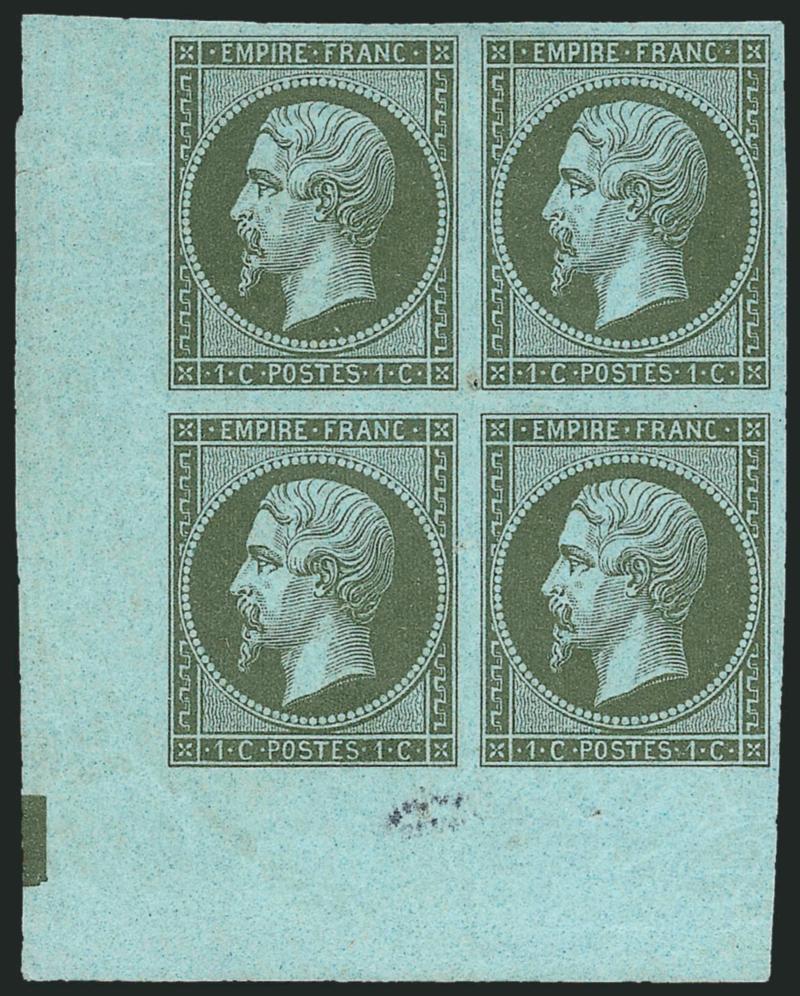 FRANCE, 1860, 1c Olive Green on Pale Blue, Bronze Green on Pale Bluish (12, 12a Yvert 11, 11a).> Blocks of four, first unused (no gum) with <bottom left corner margins,> second original gum and with huge
margins incl. part of adjoining stamps at top