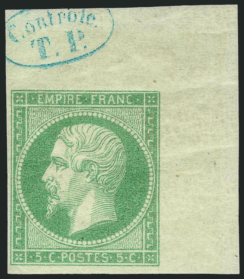 FRANCE, 1854, 5c Green on Greenish (13 Yvert 12).> top right sheet corner margin single, ample to huge other sides, original gum, vivid color, blue oval Controle T.P handstamp in top sheet margin, Very Fine,
striking unused example, Yvert e1,000