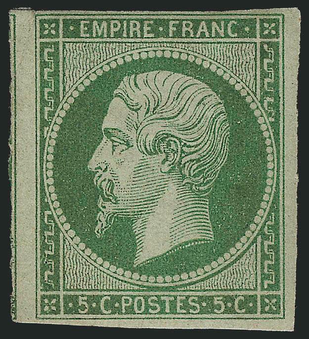 FRANCE, 1854, 5c Green on Greenish (13 Yvert 12).> Five unused stamps, two no gum, others original gum or slightly disturbed, nice range of shades from bright to dark incl. Olive Green, Yellow Green, Light
Green, few imperfections, overall a Fine-Ve