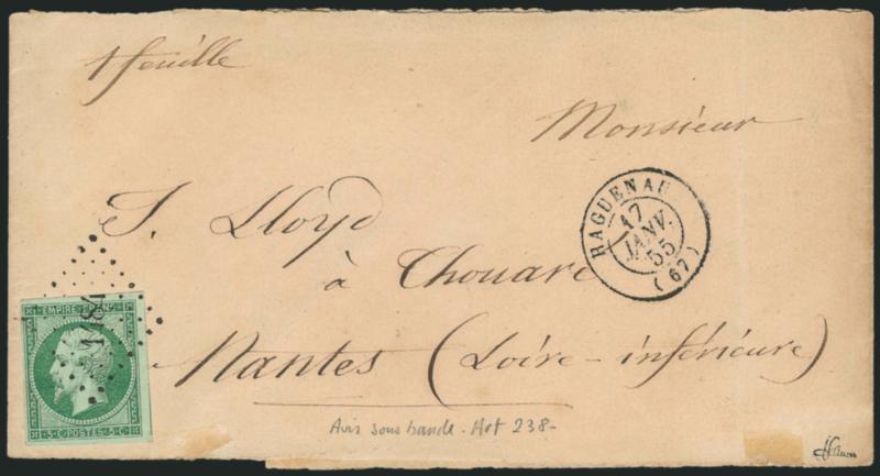 FRANCE, 1854, 5c Green on Greenish (13 Yvert 12).> Huge margins to full incl. part of adjoining stamp at right, tied by 1184 lozenge, Haguenau 17 Jan. 55 double-circle datestamp on wrapper band to Nantes,
receiving backstamp, minor wear, Very Fi