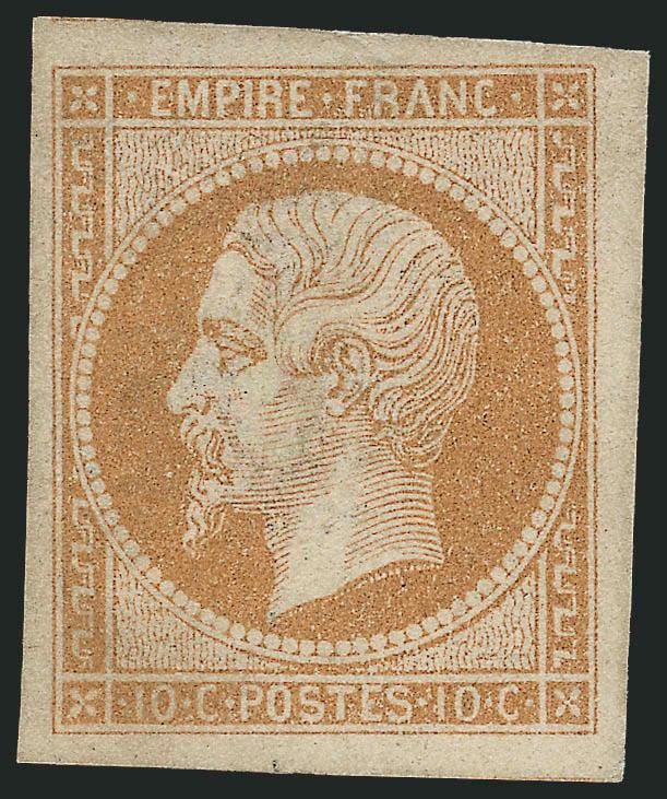 FRANCE, 1860, 10c Bister on Yellowish, Ty. I, II (14, 14c Yvert 13A, 13Ba).> Three unused singles, incl. Ty. I in Bistre Brun and Bistre (both original gum), the Ty. II unused (no gum) and thin spots, large
margins, fresh colors, Very Fine appearanc