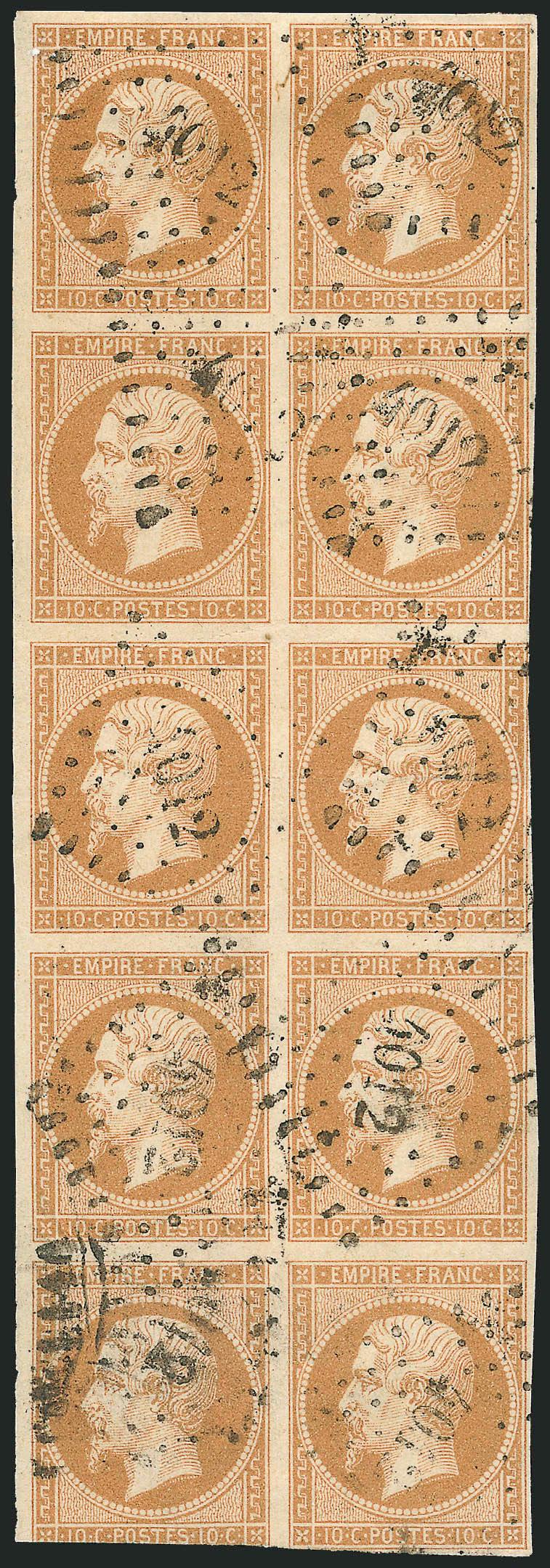 FRANCE, 1860, 10c Bister on Yellowish, Ty. II (14c Yvert 13Ba).> Vertical block of ten, large margins to in, bright color, neat 4012 lozenge cancels <of Salonica,> few light creases, Fine-Very Fine appearance,
a scarce used block from Salonica