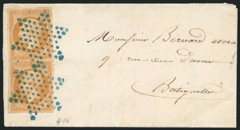 FRANCE, 1853, 10c Bister on Yellowish, Ty. I (14 Yvert 13A).> Two singles originally forming vertical pair, large margins, tied by perfect strikes of <blue Star lozenge> cancel on small folded cover to
Batignolles, receiving backstamp of 1860, Very