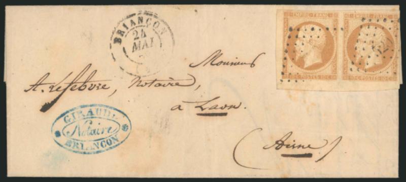 FRANCE, 1853, 10c Bister on Yellowish, Ty. I (14 Yvert 13A).> Horizontal pair, huge margins to full incl. <bottom left corner sheet margin,> cancelled by 520 lozenge, Briancon 24 Mai 59 double-circle datestamp
on folded letter to Airne, the owne