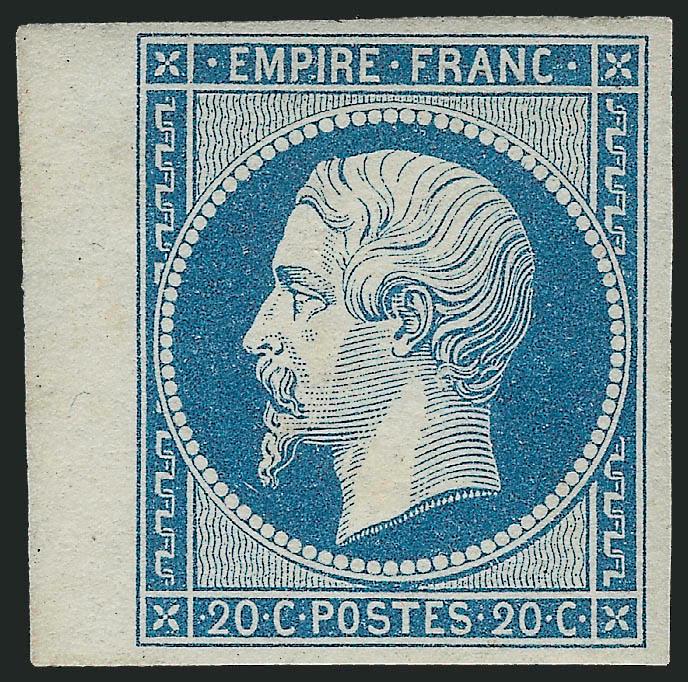 FRANCE, 1853, 20c Blue on Bluish, Ty. I (15 Yvert 14A).> Original gum, lightly hinged, large to huge margins incl. <sheet margin> at left, Very Fine and choice, a pretty stamp, Yvert e300