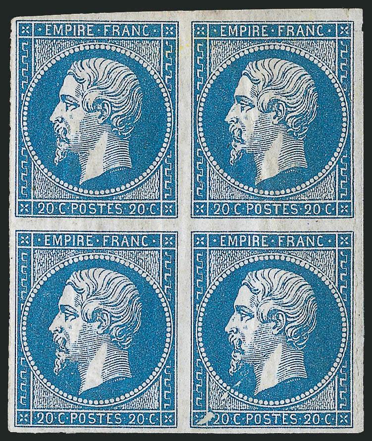 FRANCE, 1854, 20c Dark Blue on Bluish (15a Yvert 14Aa).> Block of four, original gum, h.r. at top, large margins all around, bottom right stamp small printing flaw at lower left, right stamps faint vertical
gum crease, otherwise Very Fine, Yvert e1,