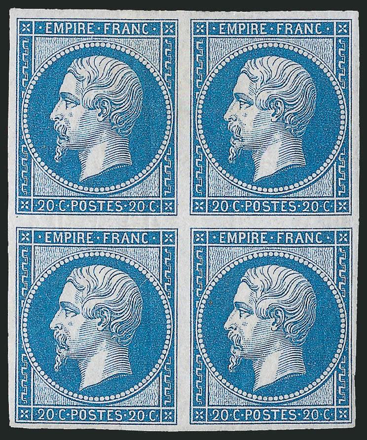 FRANCE, 1860, 20c Blue on Bluish, Ty. II (15d Yvert 14B).> Block of four, original gum, h.r. at top, large margins to full, bright color, top stamps tiny thin spots, Very Fine appearance and an attractive
multiple, Brun backstamp, Yvert e2,000 as bl