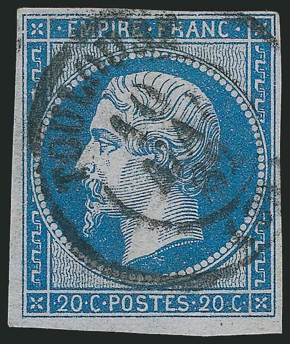 FRANCE, 1853, 20c Blue on Lilac, Greenish, Ty. II (15 var Yvert 14B var).> Used single of each, the Lilac paper with Tolouse double-circle datestamp, the Greenish paper with lozenge cancel, large margins to
full, Very Fine examples of these scarce s
