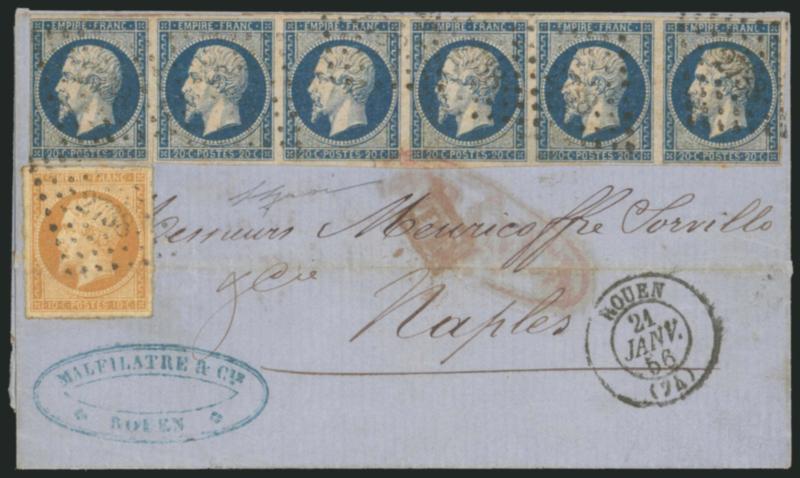 FRANCE, 1860, 20c Blue on Bluish, Ty. I (15 Yvert 14A).> Horizontal strip of six, huge margins to clear, scissors-cut between leftmost stamps, <used with 10c Bister (14 Yvert 13A)> and tied by 2738 lozenges on
blue folded cover <to Naples, Italy,