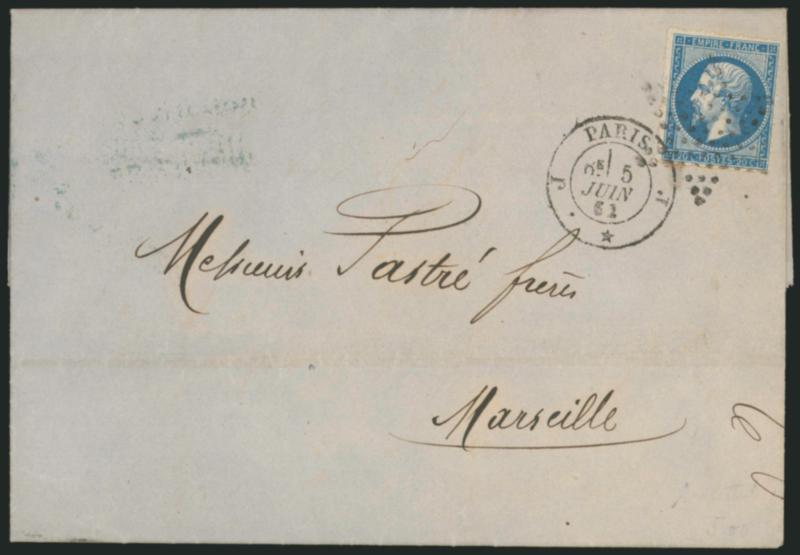 FRANCE, 1853, 15c Blue, Ty. I, Rouletted (15 var Yvert 14A var).> Clear roulettes on all sides, tied by <Star> lozenge and also by Paris 5 Juin 62 double-circle datestamp on folded letter to Marseilles,
receiving backstamp, light horizontal file f