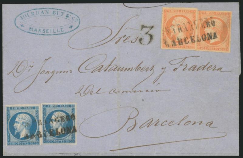 FRANCE, 1853-54, 20c Blue on Bluish, 40c Orange on Yellowish (15, 18 Yvert 14A, 16).> Two singles of each, large margins to clear, cancelled by <^ESTRANGEROBARCELONA^> two-line handstamps on blue 1862 folded
letter to Barcelona, blue Marseilles c