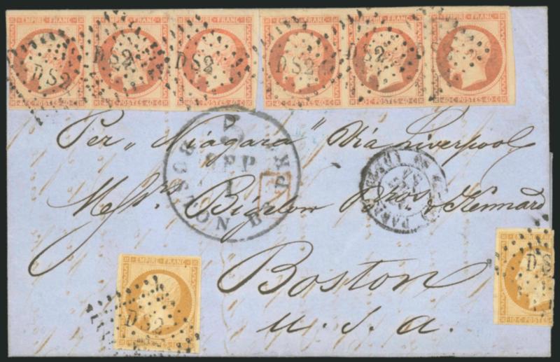 FRANCE, 1853, 10c Bister on Yellowish, 40c Orange on Yellowish (14, 18 Yvert 13A, 16).> Two singles of 10c, two strips of three of 40c, tied by DS2 lozenges on blue folded letter <to Boston, Mass.,> neat Paris
12 Aout. 54 double-circle datestamp