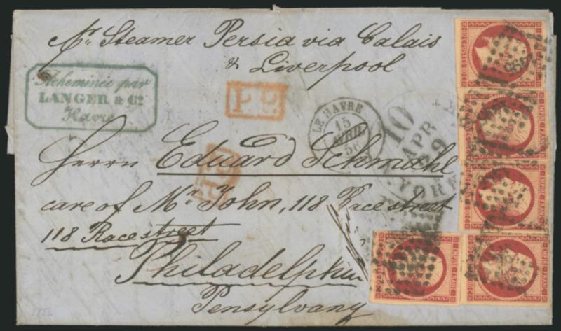 FRANCE, 1854, 80c Dark Carmine (19 var Yvert 17A).> Five singles, large margins to clear, tied by lozenges, Le Havre 15 Avril 56 double-circle datestamp on blue folded letter <to Philadelphia, Pa.,> red P.P.
handstamp, neat N. York Am. Pkt. 10