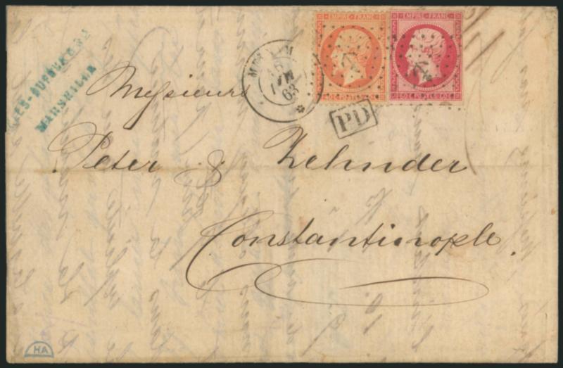 FRANCE, 1854, 80c Dark Carmine (19 var Yvert 17A).> Large margins to clear, <used with 1862, 40c Orange Perforated (27 Yvert 23),> tied by neat strikes of <Anchor in lozenge> cancels and by Meinam 16 Mai 63
double-circle datestamp on folded lette
