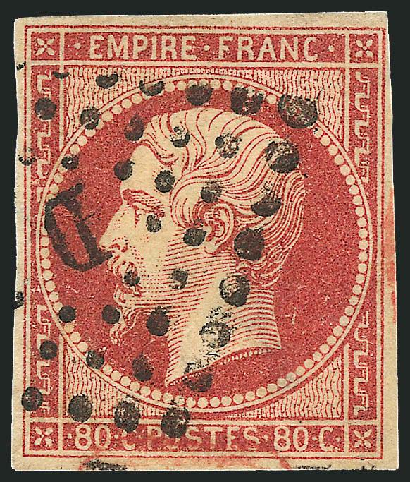 FRANCE, 1853-60, 80c Napoleon III (19, 20 shades Yvert 17A, 17B shades).> Twelve used stamps attractively mounted on quadrille exhibit page, each identified by the owner as a different shade, several better
incl. Carmin Fonce sur paille, Rose, Rose