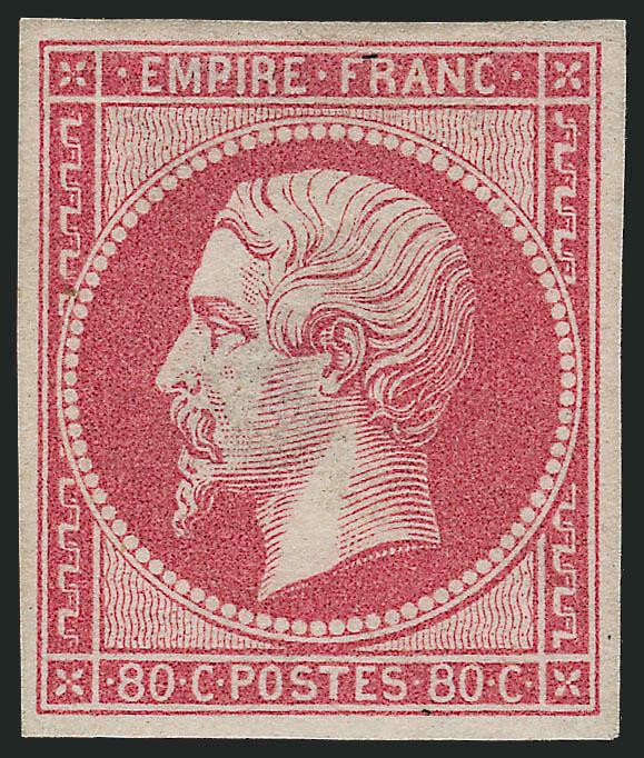 FRANCE, 1860, 80c Rose on Pinkish (20 Yvert 17B).> Original gum, single small hinge mark at top (thinned where hinge removed), large and even margins, pretty shade, Very Fine appearance, Yvert
e2,500