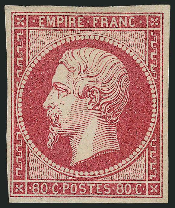 FRANCE, 1860, 80c Rose on Pinkish (20 Yvert 17Ab).> Large part original gum, large margins to full, brilliant color, Very Fine and choice, Yvert e2,800