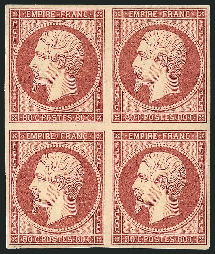 FRANCE, 1860, 80c Dull Carmine (20 var Yvert 17A var).> Block of four, original gum, lightly hinged, large margins all around, distinctive color which is remarkably fresh<><>^EXTREMELY FINE. A BEAUTIFUL SOUND
ORIGINAL-GUM BLOCK OF FOUR OF THE 1860