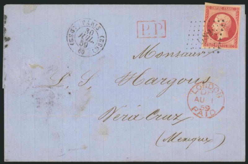 FRANCE, 1860, 80c Carmine Vermilion (20 var Yvert 17A var).> Large margins, radiant color, tied by DS2 lozenge, Paris 30 Juil 59 double-circle datestamp on blue folded cover <to Vera Cruz, Mexico,> red London
transit, fresh and Very Fine usage o