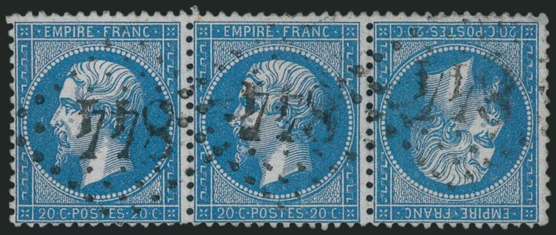 FRANCE, 1862, 20c Blue, Tete-Beche Pair (26a Yvert 22b).> Horizontal strip of three with right stamp tête-bêche, neat 844 lozenge cancels, pretty shade, Very Fine, Yvert e1,300 as tête-bêche pair, Scott Retail
as tête-bêche pair