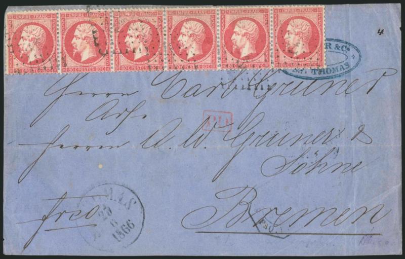 FRANCE, 1862, 80c Rose (28 Yvert 24).> Horizontal strip of six, radiant color, tied by lozenges on blue cover front only <from St. Thomas to Bremen, Germany,> neat St. Thomas 20 6 1866 circular datestamp, red
boxed PD handstamp, few stamps affec