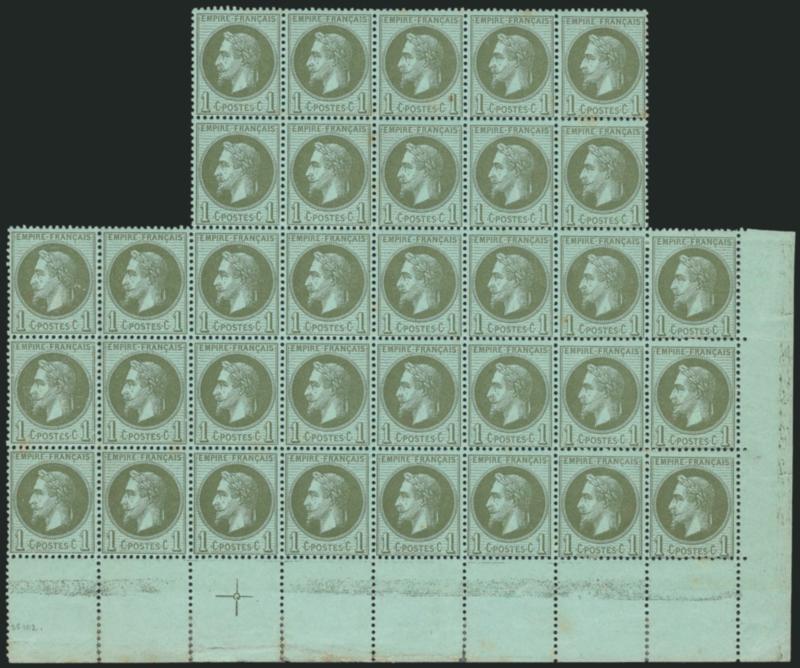 FRANCE, 1870, 1c Bronze Green (29 Yvert 25).> Block of 34, original gum, many Mint N.H., with <selvage at bottom and right,> rich color, few toned spots, few minor flaws in bottom selvage only, Fine-Very Fine
appearance, a scarce and attractive posi