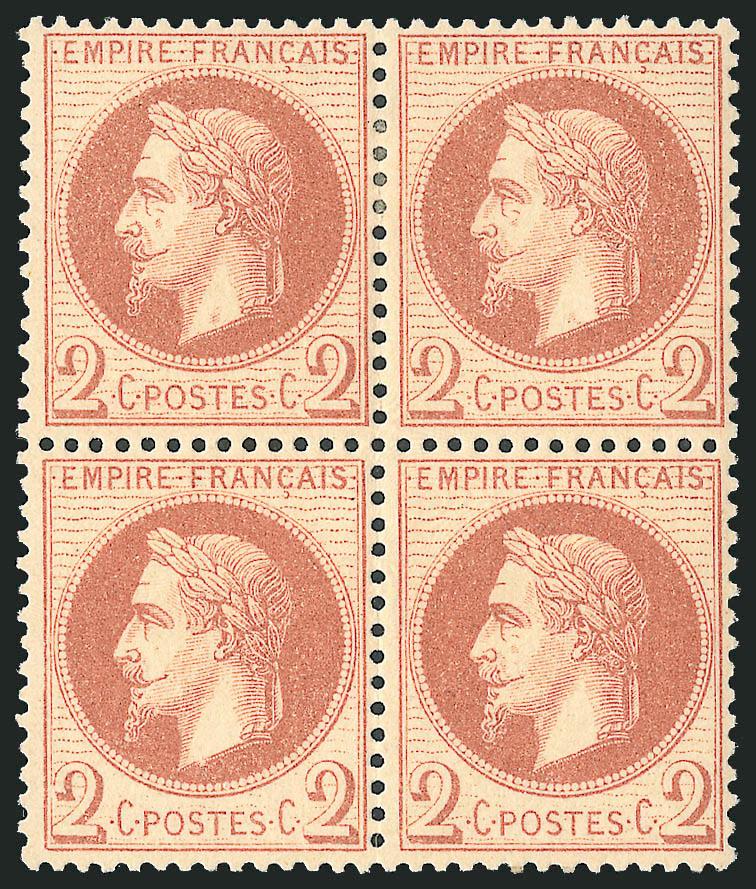 FRANCE, 1863, 2c Red Brown (30 Yvert 26).> Block of four, original gum, top stamps h.r., bottom stamps barest trace of what may be hinging, top left stamp tiny thin speck from hinge removal, Very Fine
appearance, Yvert e800, Scott Retail as singles