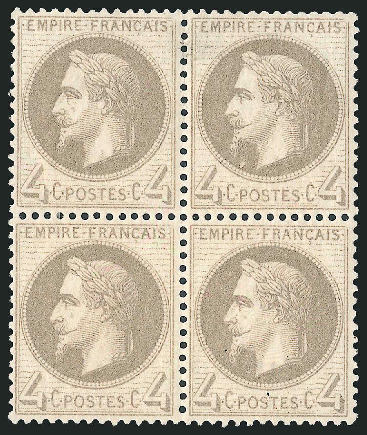 FRANCE, 1863, 4c Dark Gray (31 var Yvert 27c).> Block of four, original gum, h.r. at left, intense shade and impression, Very Fine and choice, Yvert e1,600 as singles, Scott Retail as normal Gray
shade