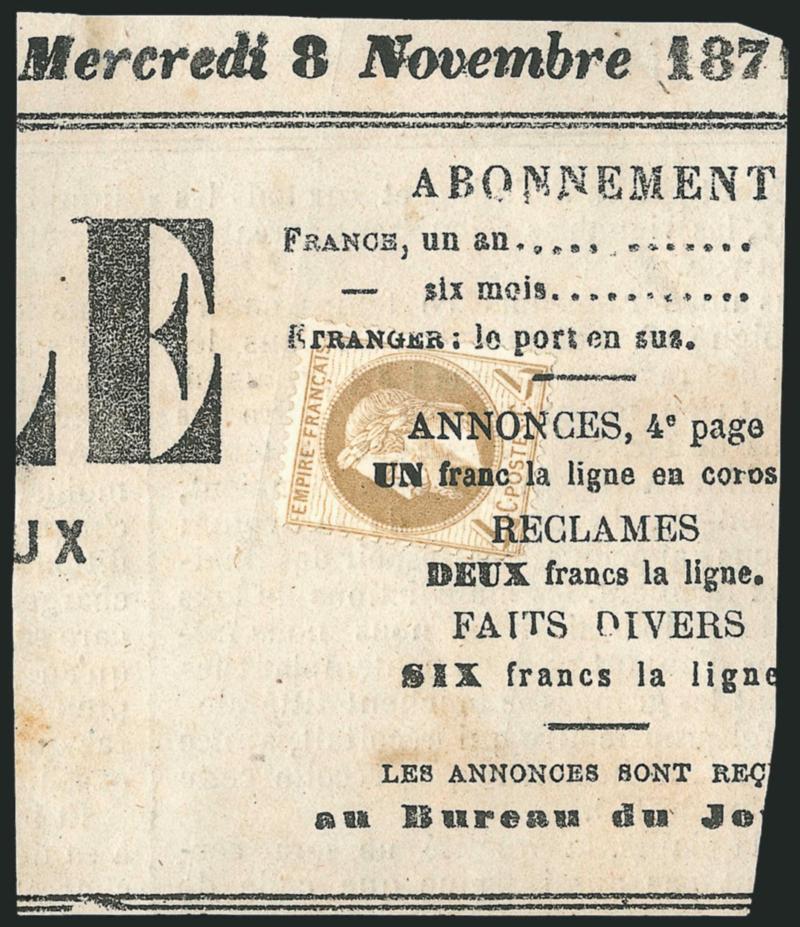 FRANCE, 1863, 4c Golden Yellow (31 var Yvert 27 var).> Wonderful warm shade, tied on part of 1871 newspaper, Very Fine example of this unlisted shade used on a newspaper weighing between 30 and 40
grams