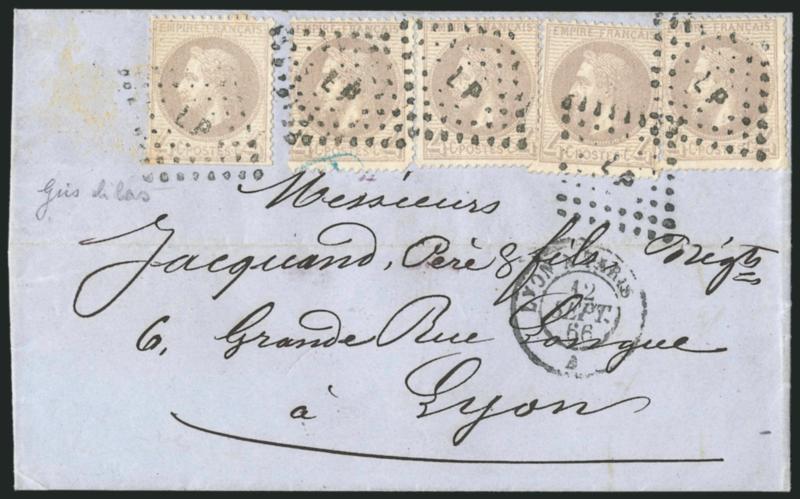 FRANCE, 1863, 4c Gray Lilac (31 var Yvert 27b).> Five singles, rich color, tied by LP lozenges on blue folded letter to Lyon, neat Lyon-Tares 12 Sept. 66 double-circle datestamp, light horizontal file fold
well away from stamps, Very Fine, Yvert