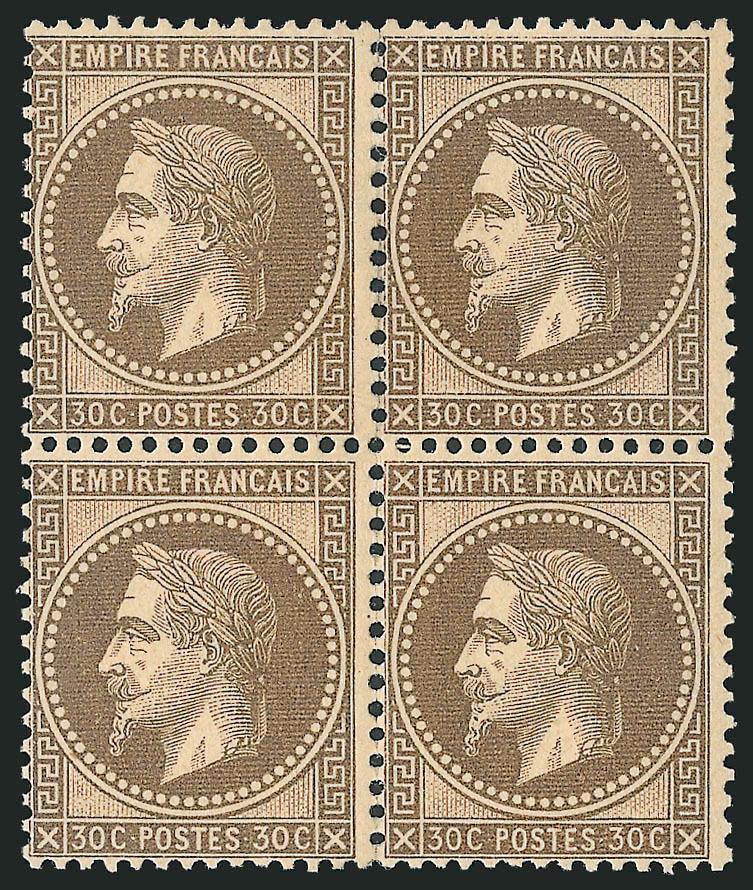 FRANCE, 1867, 30c Brown (34 Yvert 30).> Block of four, original gum, barely hinged except where vertical perfs expertly rejoined, wonderful color, Fine, Yvert e4,000 as singles, Scott Retail as
singles