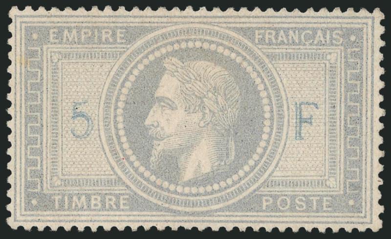 FRANCE, 1869, 5fr Laureated (37 Yvert 33).> Unused (no gum), fresh and attractively centered, Very Fine, signed Brun, Calves and one other, Yvert e2,500 as no gum, Scott Retail as with original gum