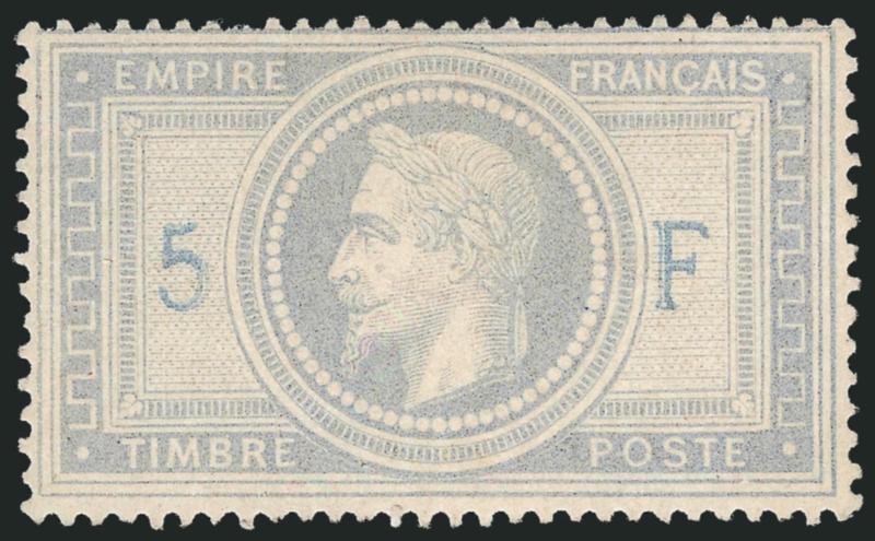 FRANCE, 1869, 5fr Laureated, 5 and F Light Blue (37d).> Unused (no gum), bright color, the 5 and F printed in a distinctly darker color, few flaws, Very Fine appearing example of this desirable variety,
several backstamps, Yvert e9,500 as wit