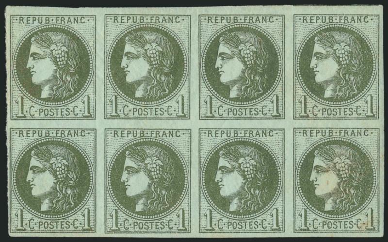 FRANCE, 1870, 1c Olive Green on Pale Blue (38).> Report I, block of eight, original gum, large to huge margins, rich color, few trivial toned spots on back, Very Fine appearance, an attractive multiple, Yvert
e1,900 as two blocks of four, Scott Retai