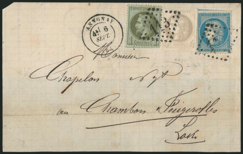 FRANCE, 1870, 4c Gray (40 Yvert 41A).> Report 1, used with 1c Bronze Green (29 Yvert 27) and 20c Dark Blue (57 Yvert 37), tied by large 113 lozenge, Annonay 6 Sept. double-circle datestamp on 1871 folded
letter to Chambon Fougerolles (Loire),