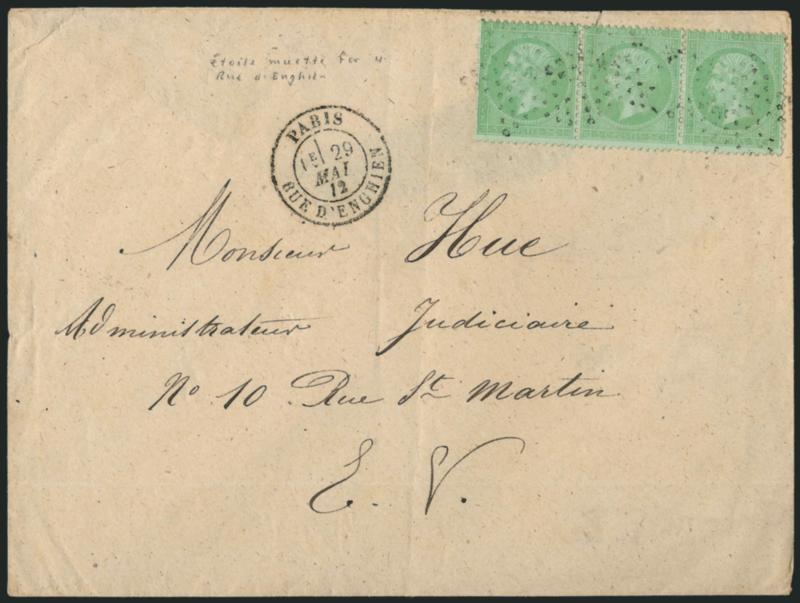 FRANCE, 1870, 5c Emerald on Greenish (41b Yvert 35).> Horizontal strip of three, bright color, tied by <Star> lozenge, matching Paris 29 Mai 72 double-circle datestamp on cover, some minor wear, Very
Fine