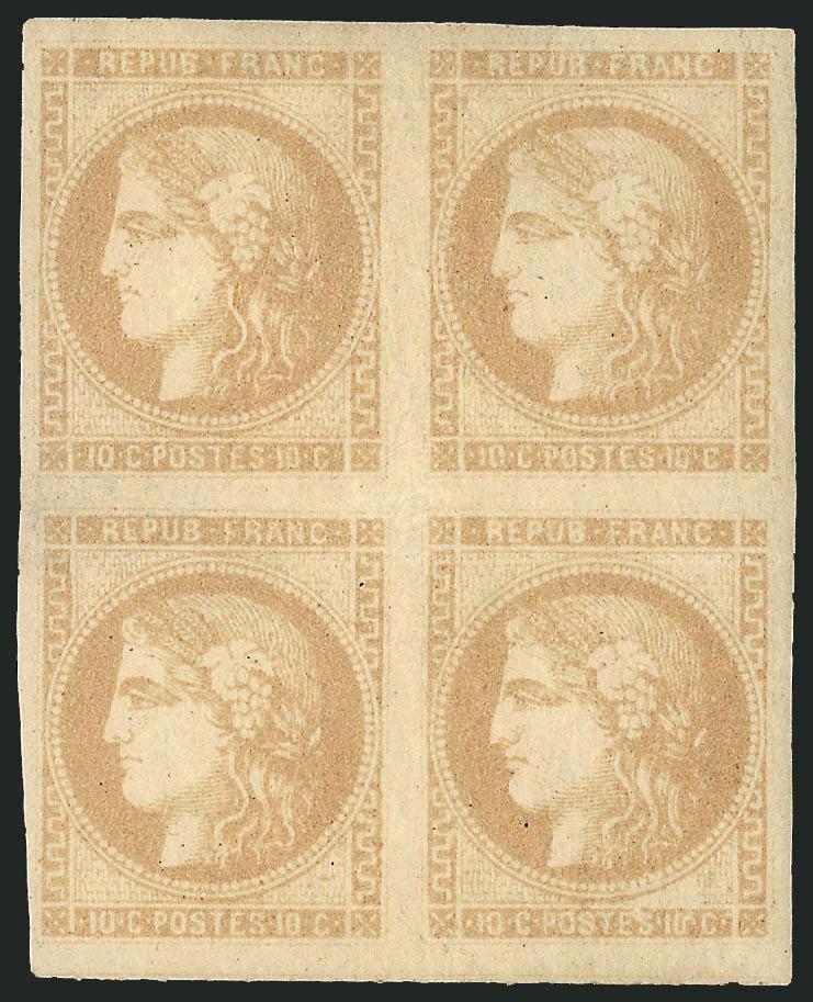 FRANCE, 1870, 10c Bister on Yellowish, Report I (42 Yvert 43A).> Block of four, original gum, h.r., huge margins and radiant color, bottom stamps light horizontal crease, top stamps small thin spots, Extremely
Fine appearance, Yvert e5,200 as block,