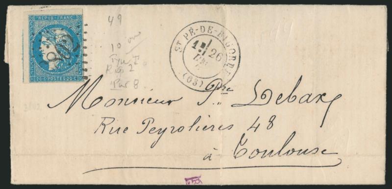FRANCE, 1870, 20c Blue (43 Yvert 44B).> Type I, Report 2, Position 8, huge margins to clear incl. part of adjoining stamp at left, tied by 2802 lozenge, St. Pe-De-Bigorde 26 Dec. 70 double-circle datestamp on
folded letter to Tolouse, transit an