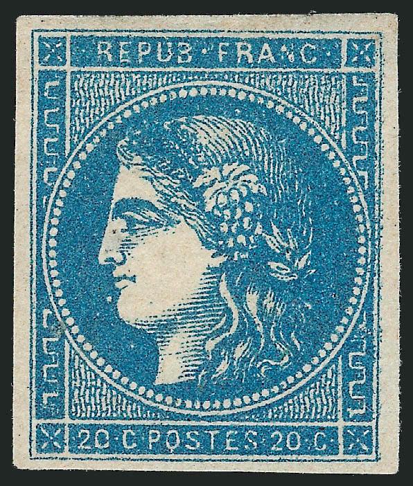 FRANCE, 1870-71, 20c Blue, Ty. II, Report I (44 Yvert 45A).> Original gum, minor h.r., beautiful margins and color, signed A. Diena and Calves with the latters 1995 photo certificate, Yvert e1,300