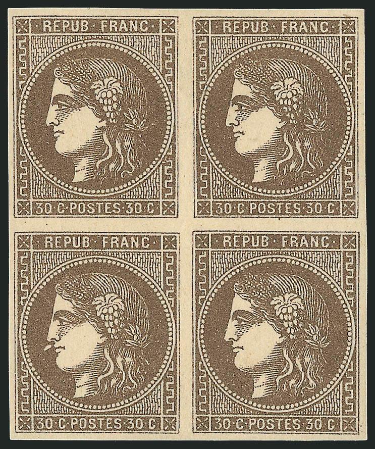 FRANCE, 1870, 30c Brown (46 Yvert 47).> Block of four, original gum, h.r. at top, large and even margins, attractive color, Very Fine and choice, Yvert e2,250, Scott Retail as singles
