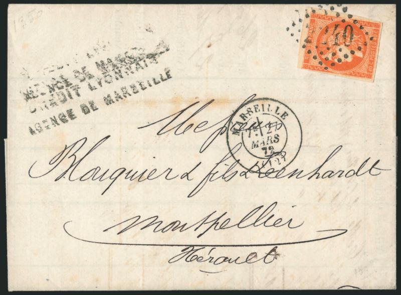 FRANCE, 1870, 40c Orange (47 Yvert 48).> Wonderful color approaching the Orange Vermilion shade, large margins to barely in, tied by 2240 lozenge, Marseille 27 Mars. 72 double-circle datestamp on folded
part-printed statement to Montpellier, fai