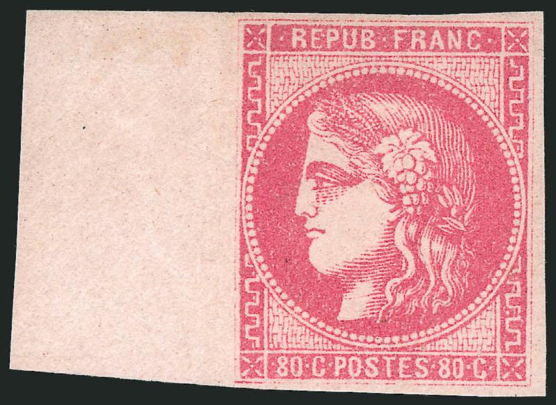 FRANCE, 1870, 80c Rose on Pinkish (48 Yvert 49).> Original gum, tiny h.r., ample to huge margins incl. wide left sheet margin, bright color, Very Fine, singed Calves, Yvert e700