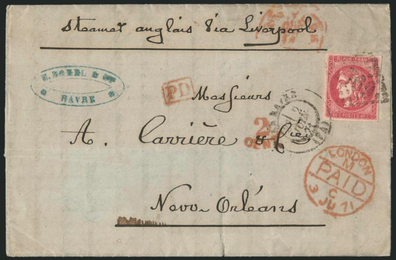 FRANCE, 1870, 80c Rose Carmine on Pinkish (48 var Yvert 49c).> Large and even margins, rich color, tied by 1760 lozenge, Le Havre 2 Juin 71 double-circle datestamp on folded letter <to New Orleans, La.,> red
London transit, red boxed PD handst