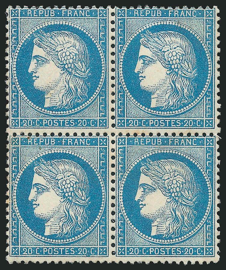 FRANCE, 1870, 20c Blue (57 Yvert 37).> Block of four, disturbed original gum, bright color, Fine, Yvert e1,700