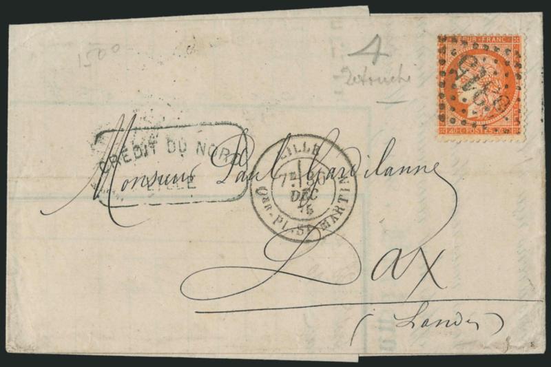 FRANCE, 1870, 40c Orange on Yellowish, Ty. I, Retouched 4 (59 var Yvert 38d).> Tied by 3315 lozenge, Lille 30 Dec. 75 double-circle datestamp on folded letter to Dax, receiving backstamp, light horizontal file
fold well away from stamp, Very F