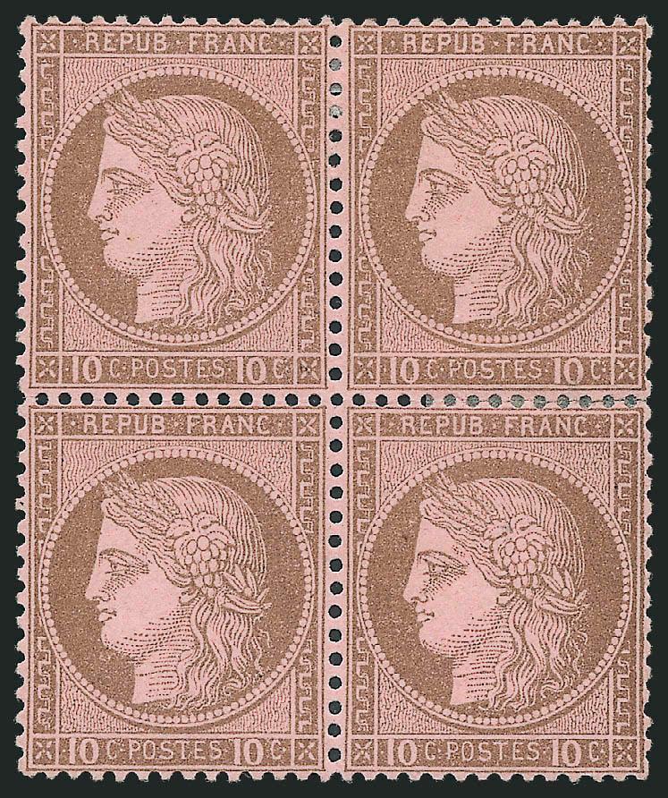 FRANCE, 1875, 10c Bister on Rose (60 Yvert 54).> Block of four, original gum, h.r. where few perf separations sensibly reinforced at right, bright color, Very Fine, Yvert e2,750, Scott Retail as
singles