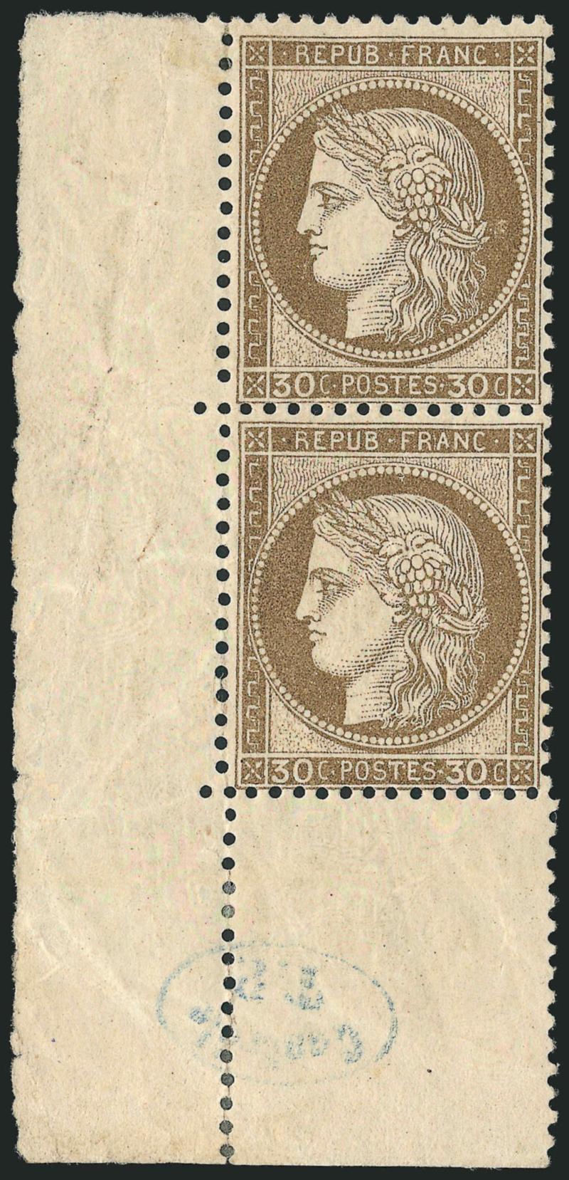 FRANCE, 1872, 30c Brown on Yellowish (62 Yvert 56).> Vertical pair with <bottom left corner selvage,> original gum, h.r., usual gum creases, light strike of blue Controle T.P. oval handstamp, Very Fine, Yvert
e1,700 as singles, Scott Retail as sin