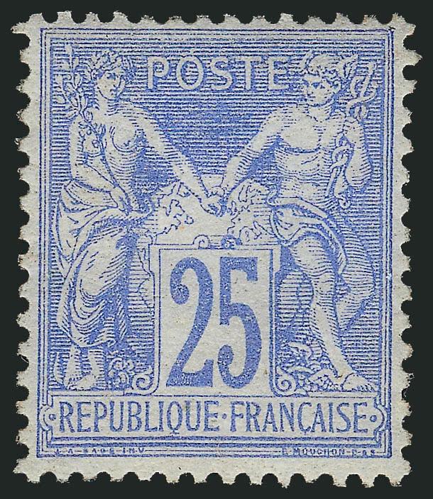 FRANCE, 1876, 25c Ultramarine on Bluish, Ty. I (72 Yvert 68).> Large part original gum, remarkably well-centered, lovely fresh color<><>^VERY FINE. A RARE UNUSED STAMP MISSING FROM MOST ADVANCED COLLECTIONS OF
FRANCE.^<><>Yvert e11,000
