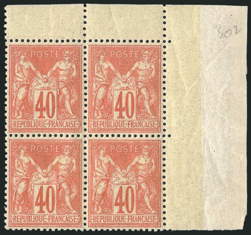 FRANCE, 1878, 40c Red on Straw, Ty. I (74 Yvert 70).> Mint N.H. block of four with top right corner selvage, incredibly well-centered, crisp impression, Extremely Fine, magnificent block, Yvert e3,200, both
catalogue values as four times the hinged